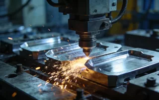 特写镜头下的大型冲压设备正在进行钣金加工作业，金属板材在模具中成型的瞬间，火花飞溅，展现工业制造的力量感和精密工艺