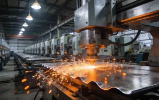 数控冲压机床正在对金属板材进行加工，火花四溅，背景是现代化的工厂车间。