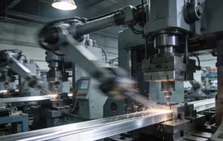 展示了一个充满现代科技感的智能冲压车间，自动化设备有序运行，体现了高效、智能的工业生产场景。