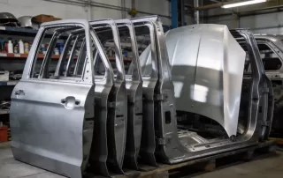 展示堆叠整齐的汽车钣金部件，如车门、引擎盖等，体现汽车钣金生产成果