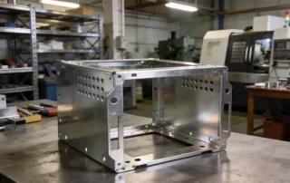 真实感强的钣金件照片，展示精密冲压加工的钣金件成品，如机箱外壳或设备支架，背景为工业环境