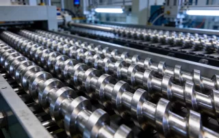 自动化产线上整齐排列的螺旋杆金属加工成品，展示批量生产下的尺寸一致性与表面质量