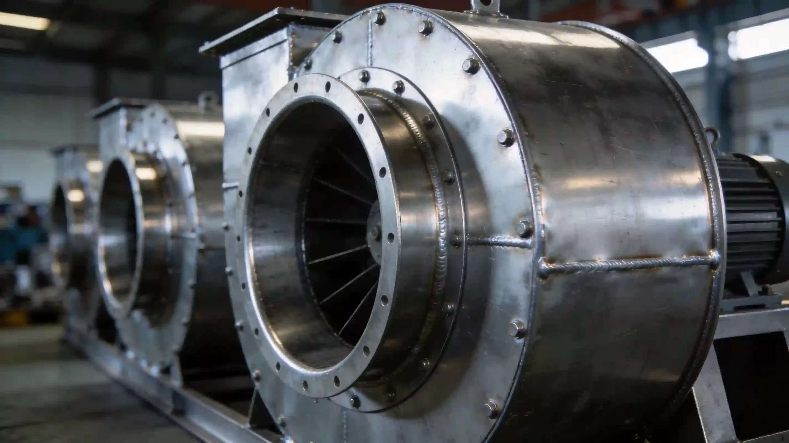 离心风机外壳成品特写，展示精细焊接工艺与金属质感