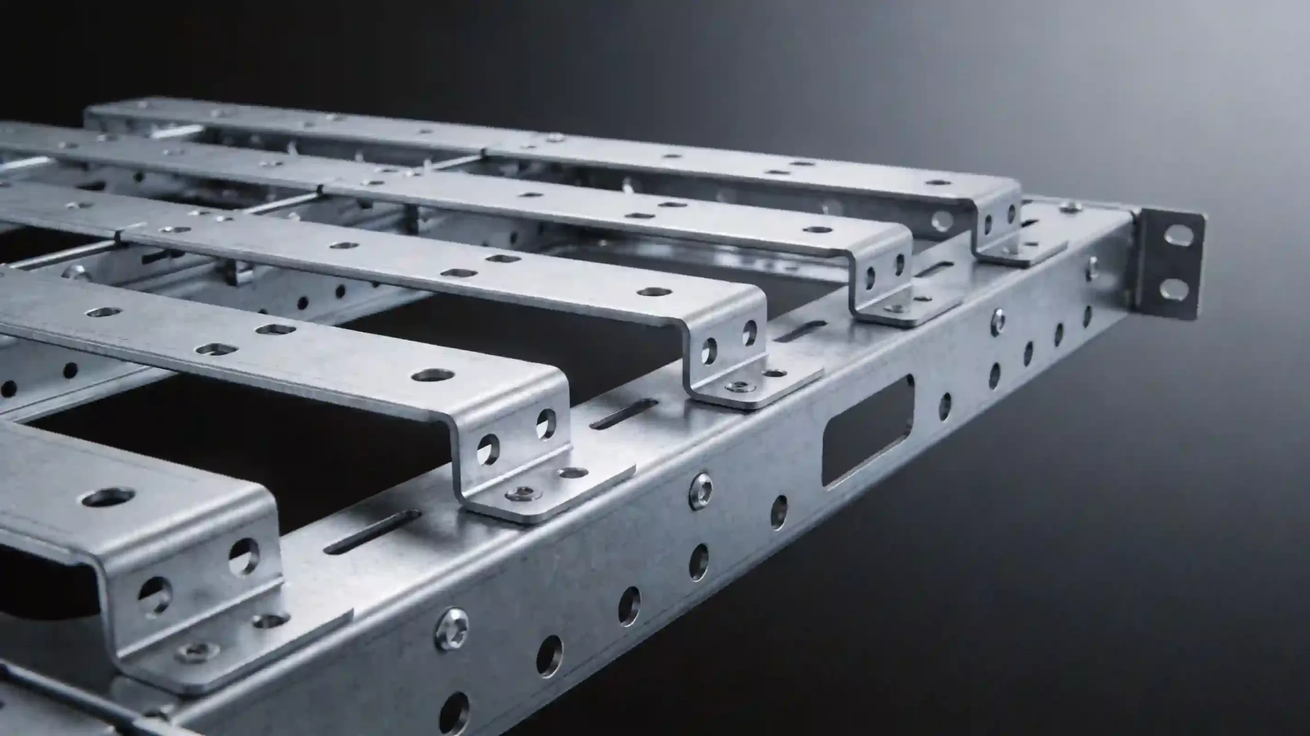 高质量储能模组托板成品展示，精确的孔位设计和折弯工艺，银灰色金属材质，深灰色渐变背景，工业级产品摄影质感