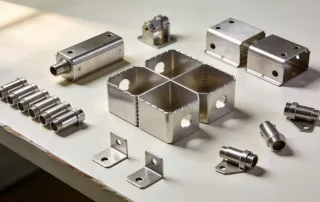 不锈钢精密医疗配件工作台展示，包括各种冲压成型的医疗器械零部件，如金属外壳、连接器、支撑件等，展现冲压工艺的细节和金属质感