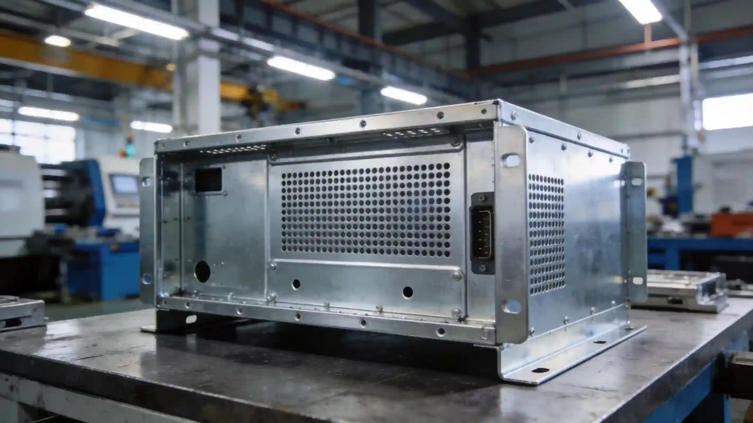 多个逆变器机箱外壳成品整齐摆放在货架上，展示其精细的焊接工艺、平整的表面处理和精准的孔位设计，背景为现代化工厂环境