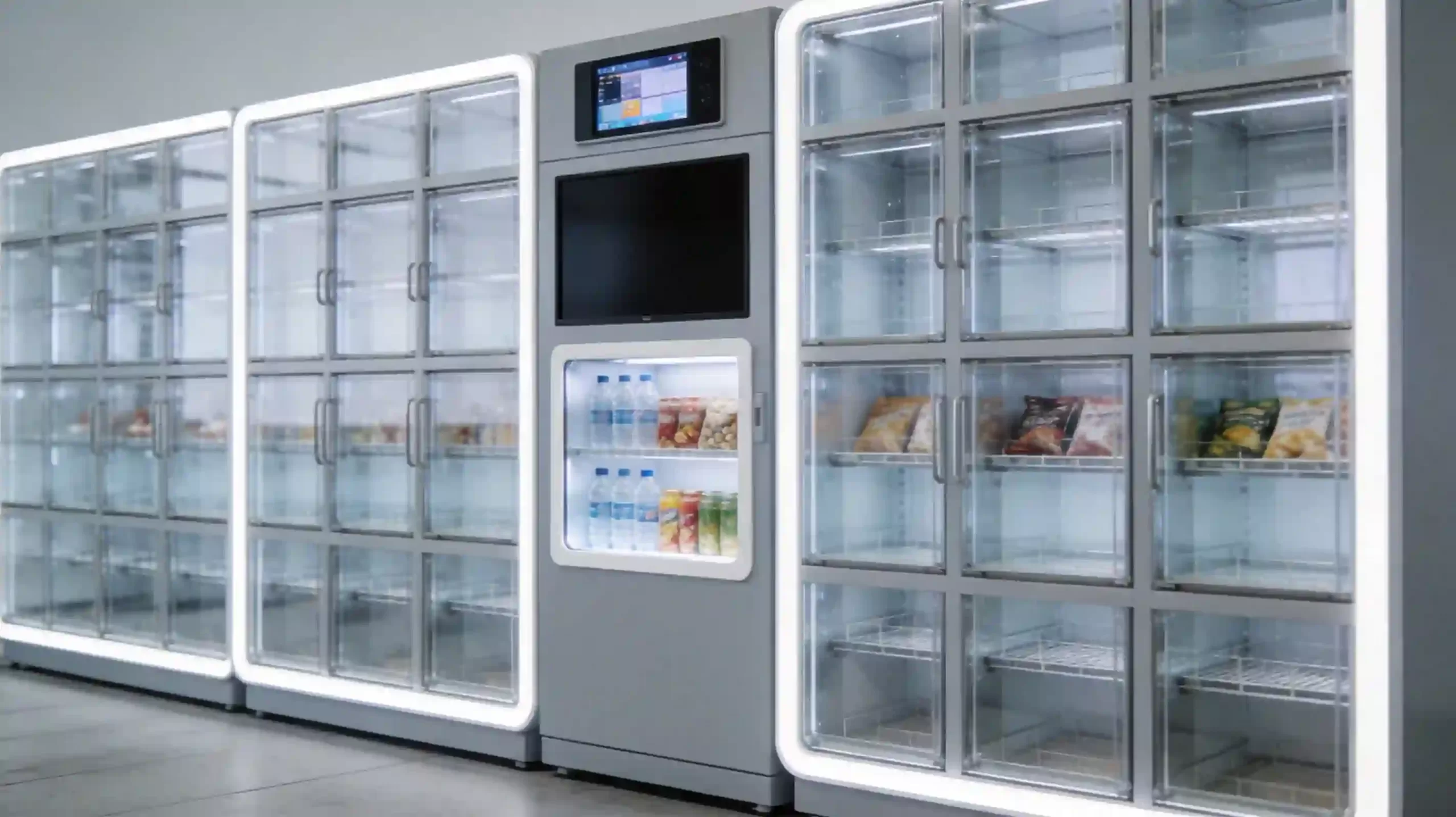 多层格子式售货柜，带有透明门、显示屏和商品展示窗口，现代简约工业风格，呈现72小时打样的高效成品效果。