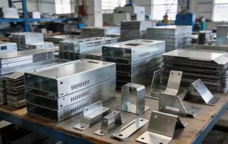 展示各种精密折弯件包括电子设备外壳、精密结构件、支架配件等产品，现代化钣金生产车间的成品堆放区