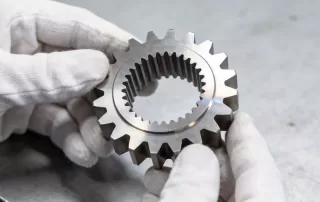 真实摄影风格，展示一只戴白手套的手握着激光切割完成的齿轮，清晰呈现齿形细节与切割质量